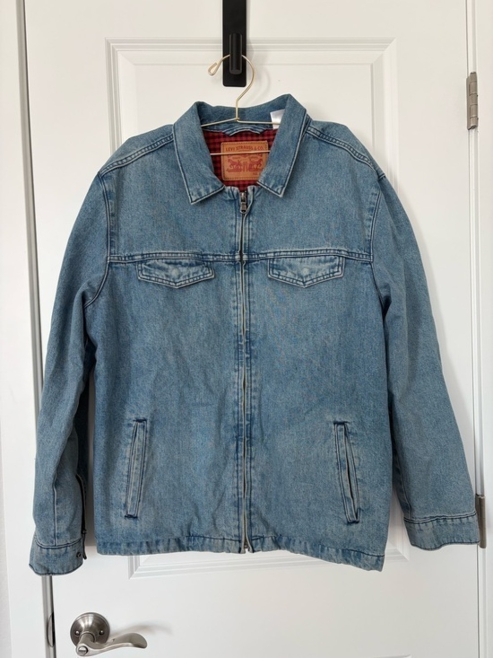 Vintage Levi’s Zip Front Denim Jacket Red Buffalo Plaid Flannel Lined Workwear